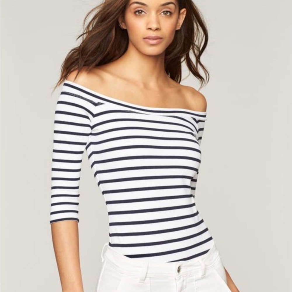 MILLY Rivera Striped Nautical Off Shoulder Bodysuit Top